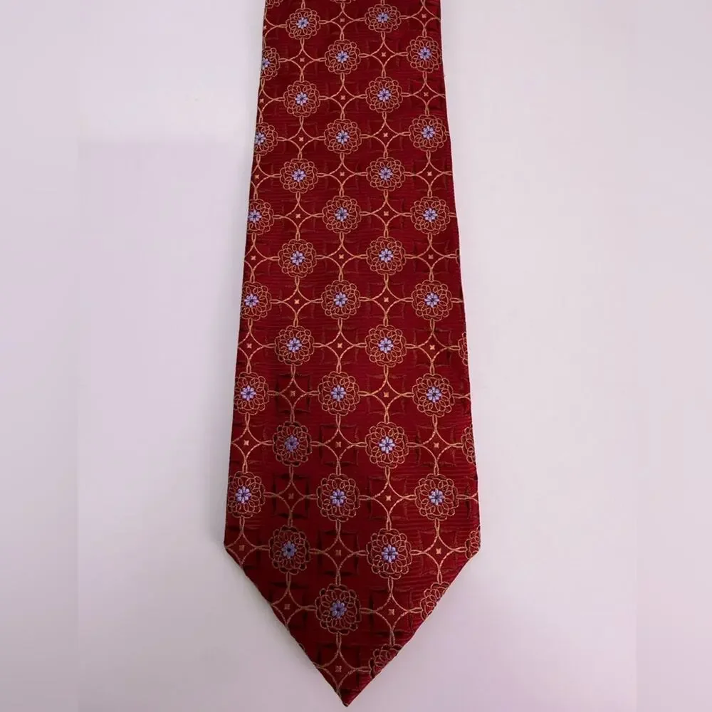 NWT Geoff Nicholson 100% Silk Tie Red Gold Floral Medallion Made in Italy